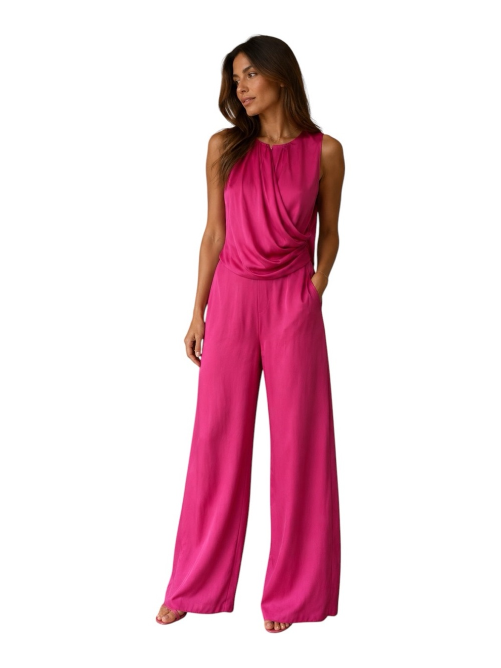 ZARA Satin Pink Wide Leg Jumpsuit Draped Sleeveless Fuchsia Size M NWOT - Picture 5 of 9